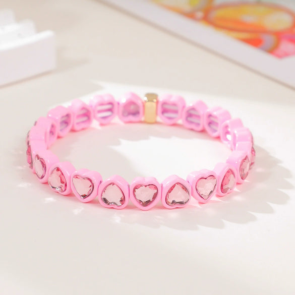 Wholesale Rainbow Enamel Alloy Love Heart Shaped Elastic Bracelet With Diamond Treatment