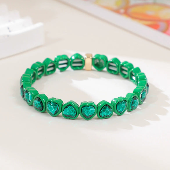 Wholesale Rainbow Enamel Alloy Love Heart Shaped Elastic Bracelet With Diamond Treatment