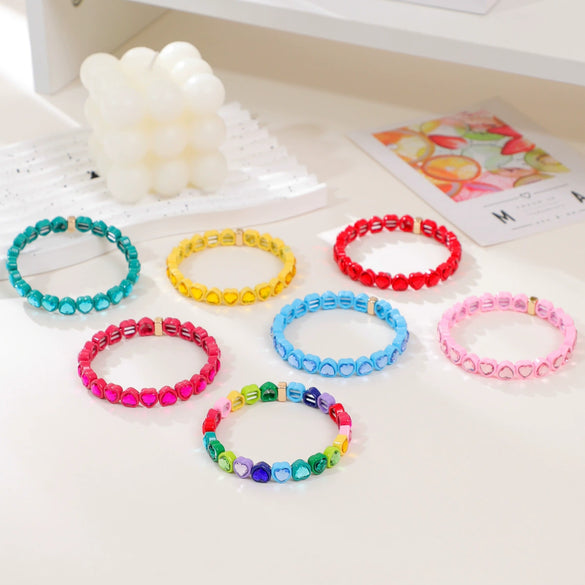 Wholesale Rainbow Enamel Alloy Love Heart Shaped Elastic Bracelet With Diamond Treatment