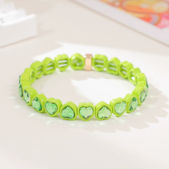 Wholesale Rainbow Enamel Alloy Love Heart Shaped Elastic Bracelet With Diamond Treatment