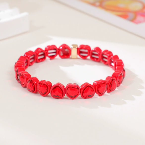 Wholesale Rainbow Enamel Alloy Love Heart Shaped Elastic Bracelet With Diamond Treatment