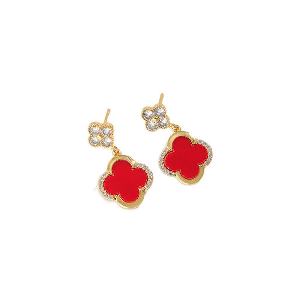 Wholesale Real Gold Electroplated Copper Earrings Set With Diamonds And Zircon Fourleaf Clover Shape For Women College Style