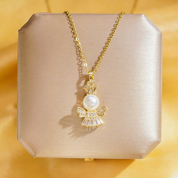 Wholesale Real Gold Electroplated Geometric Pattern Titanium Steel And Copper Necklace With Zircon And Pearl For Women Elegant Light Luxury Jewelry
