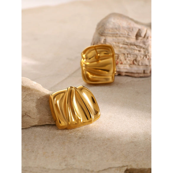 Wholesale Rectangular Pleated Geometric Stainless Steel Earrings For Female With Electroplating Treatment