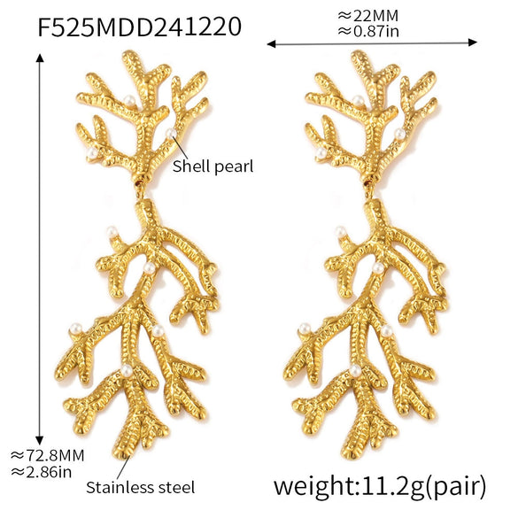 Wholesale Red Coral Shell Beads Oil Drop Asymmetrical Geometric Earrings Titanium Steel 18K Gold Plated Electroplated For Women