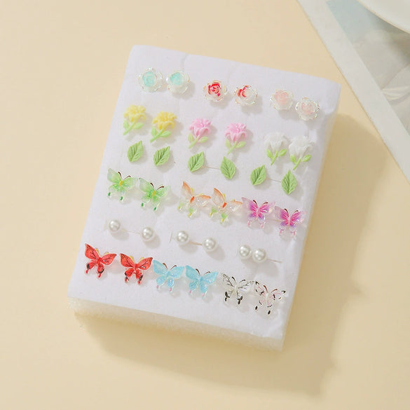 Wholesale Resin Handmade Imitation Pearl Cartoon Butterfly Geometric Flower Leaves Threedimensional Earrings Set For Women
