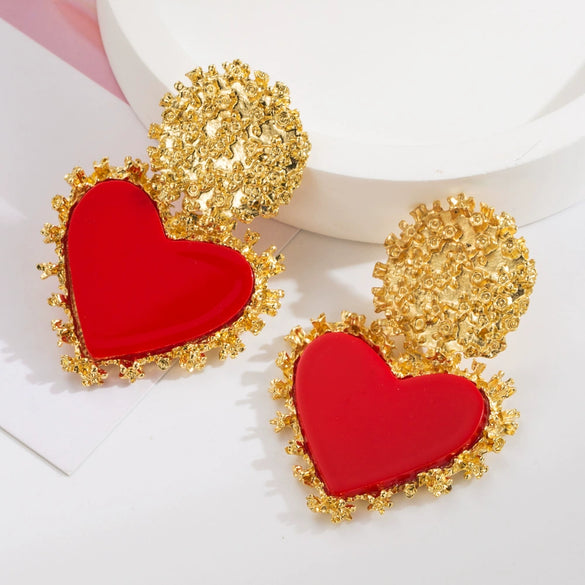 Wholesale Retro Alloy Resin Heart Pendant Microinlay Earrings