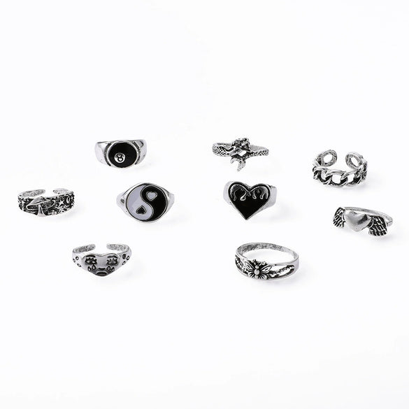 Wholesale Retro Alloy Ring Set With Heart Wings Butterfly Snakeshaped Elements Geometric And Leaf Patterns Electroplated