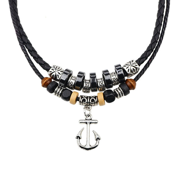 Wholesale Retro Anchor Alloy Necklace With Silver Leather Woven Wax Rope And Electroplating Treatment