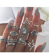 Wholesale Retro Bohemian Feather Turquoise Hollow Alloy Ring 9 Piece Set With Electroplating And Geometric Leaves Pattern