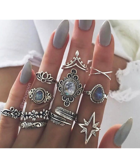 Wholesale Retro Bohemian Feather Turquoise Hollow Alloy Ring 9 Piece Set With Electroplating And Geometric Leaves Pattern