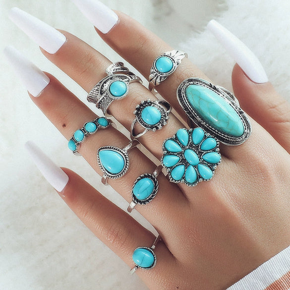 Wholesale Retro Bohemian Feather Turquoise Hollow Alloy Ring 9 Piece Set With Electroplating And Geometric Leaves Pattern