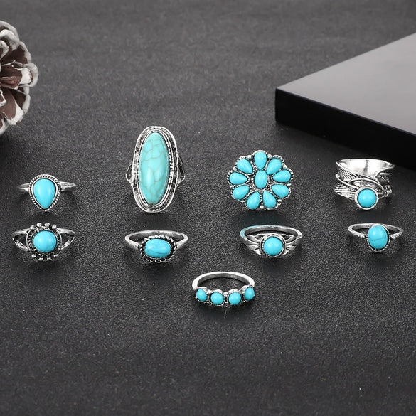 Wholesale Retro Bohemian Feather Turquoise Hollow Alloy Ring 9 Piece Set With Electroplating And Geometric Leaves Pattern