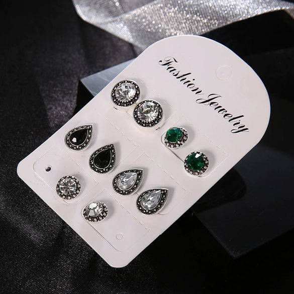 Wholesale Retro Bohemian Style Alloy Drop Shape Electroplated Imitation Gem Crystal Drop Type Female Earrings 5 Pairs