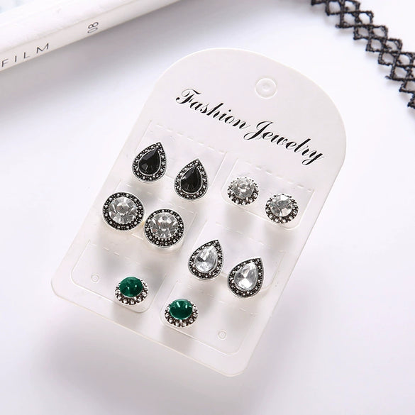 Wholesale Retro Bohemian Style Alloy Drop Shape Electroplated Imitation Gem Crystal Drop Type Female Earrings 5 Pairs