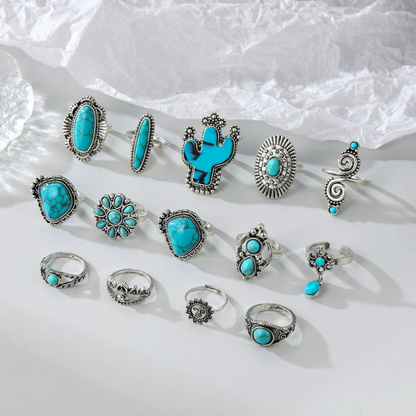 Wholesale Retro Bohemian Style Turquoise Cactus Carved Alloy Geometric Rings Set For Women With Electroplating