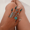 Wholesale Retro Bohemian Style Turquoise Cactus Carved Alloy Geometric Rings Set For Women With Electroplating
