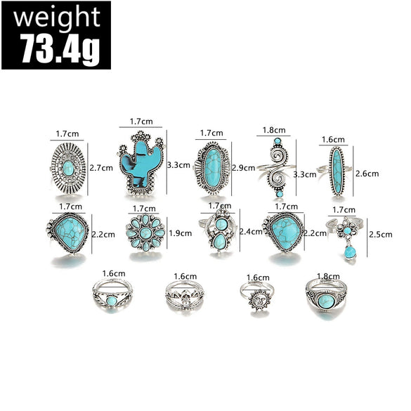 Wholesale Retro Bohemian Style Turquoise Cactus Carved Alloy Geometric Rings Set For Women With Electroplating