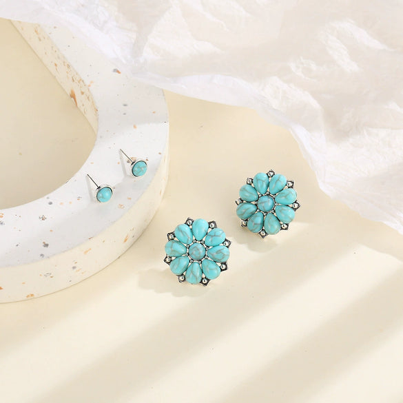 Wholesale Retro Bohemian Style Turquoise Floral Round Alloy Ear Studs Earrings Electroplated 2 Pairs Set