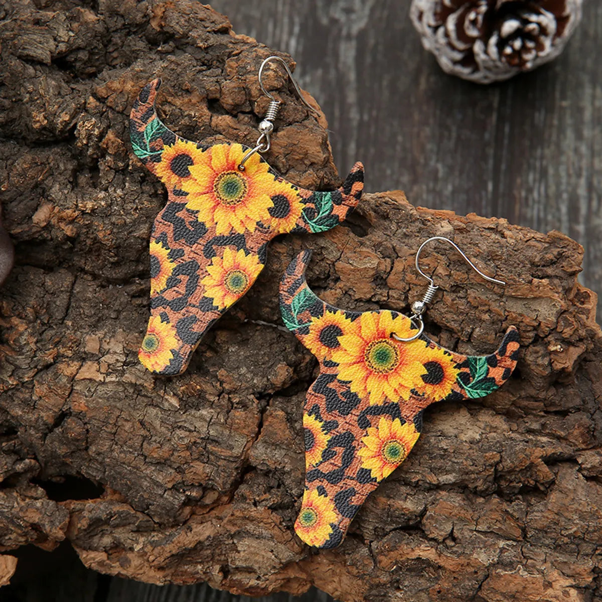 Wholesale Retro Bull Head Sunflower Leather Earrings Gooddiy