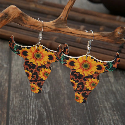 Wholesale Retro Bull Head Sunflower Leather Earrings Gooddiy