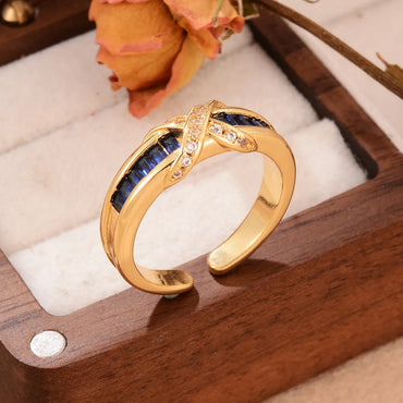 Wholesale Retro C Shape Square Oval Copper Shiny Metallic Round Gold Plated Glass Zircon Open Rings