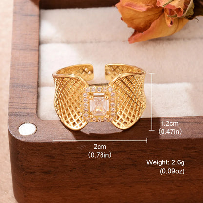 Wholesale Retro C Shape Square Oval Copper Shiny Metallic Round Gold Plated Glass Zircon Open Rings