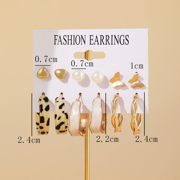 Wholesale Retro C Type Earrings Set With Creative Drop Oil Design Featuring Leopard Love And Butterfly Patterns Made Of Alloy Acrylic And Pearls