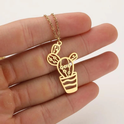 Wholesale Retro Cactus Stainless Steel Titanium Steel Gold Plated Pendant Necklace