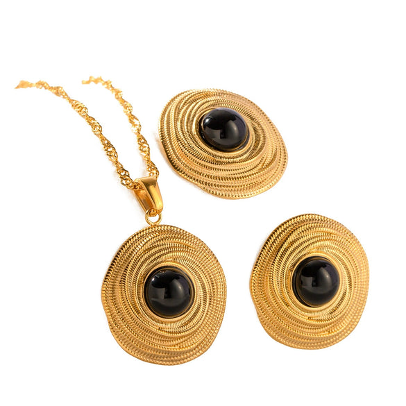 Wholesale Retro Coil Earrings For Women Inlaid With Black Agate Geometric Pattern Electroplated