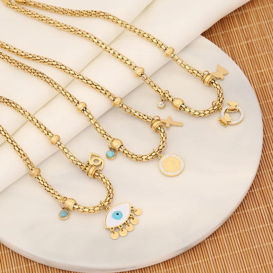 Wholesale Retro Commute Cross Eye Butterfly Stainless Steel Enamel Plating Gold Plated Bracelets Necklace