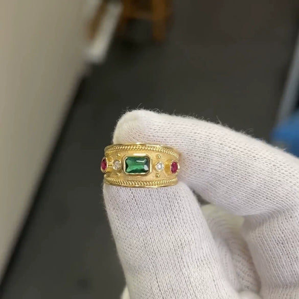 Wholesale Retro Court Wide Plate Alloy Ring With Zircon And 18K Gold Plated Electroplating For Men