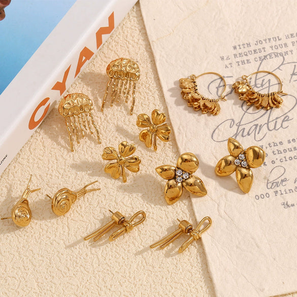 Wholesale Retro Creative Stainless Steel 18K Gold Plated Snail Tassel Flower Earrings For Women With Geometric Pattern And Electroplating Treatment