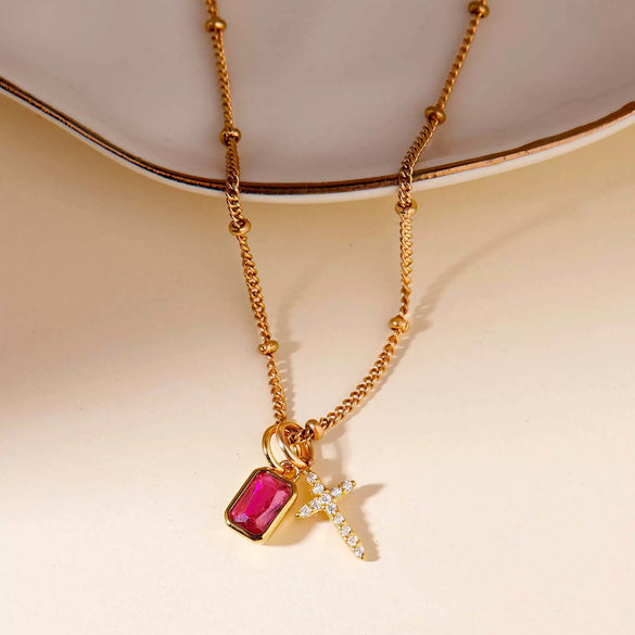 Wholesale Retro Cross Birthstone Necklace For Women Copper Mixed Gemstone Setting Electroplated