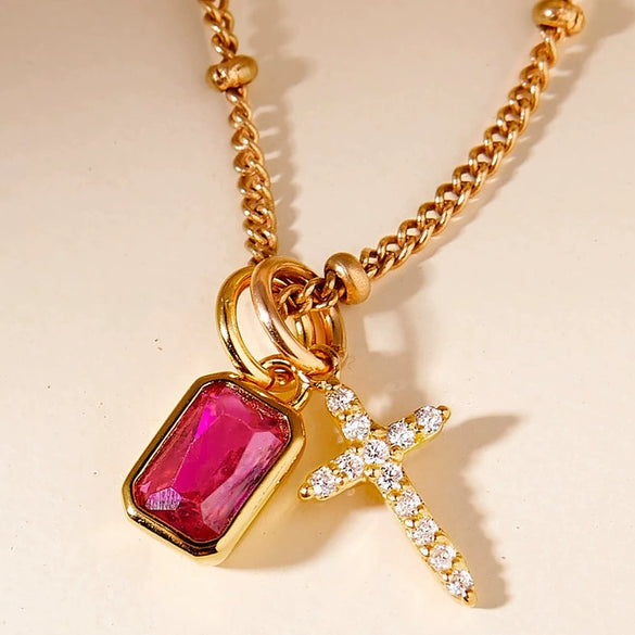 Wholesale Retro Cross Birthstone Necklace For Women Copper Mixed Gemstone Setting Electroplated