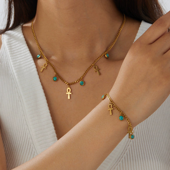 Wholesale Retro Cross Crown Roman Numerals Goldplated Stainless Steel Jewelry Set For Women
