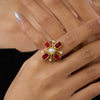 Wholesale Retro Cross Ring Jewelry Stainless Steel Pearl Red Zircon 18K Gold Electroplated For Women