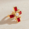 Wholesale Retro Cross Ring Jewelry Stainless Steel Pearl Red Zircon 18K Gold Electroplated For Women