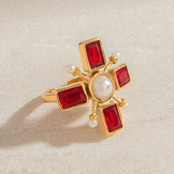Wholesale Retro Cross Ring Jewelry Stainless Steel Pearl Red Zircon 18K Gold Electroplated For Women