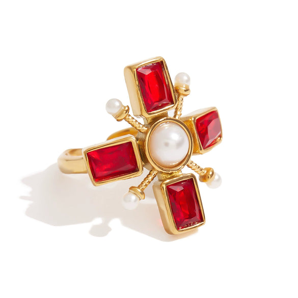 Wholesale Retro Cross Ring Jewelry Stainless Steel Pearl Red Zircon 18K Gold Electroplated For Women