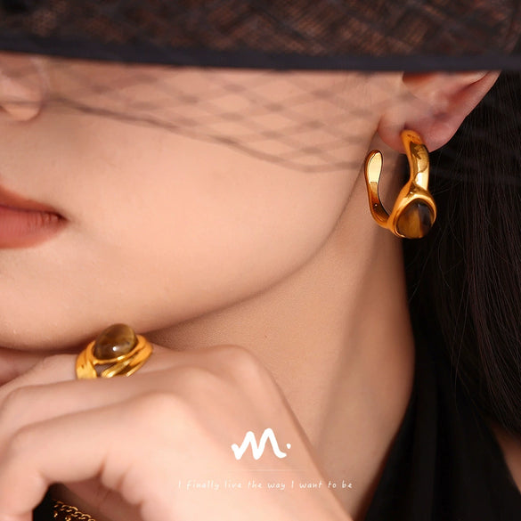Wholesale Retro Cshaped Tiger Eye Stone 316L Stainless Steel Pvd Electroplated Earrings