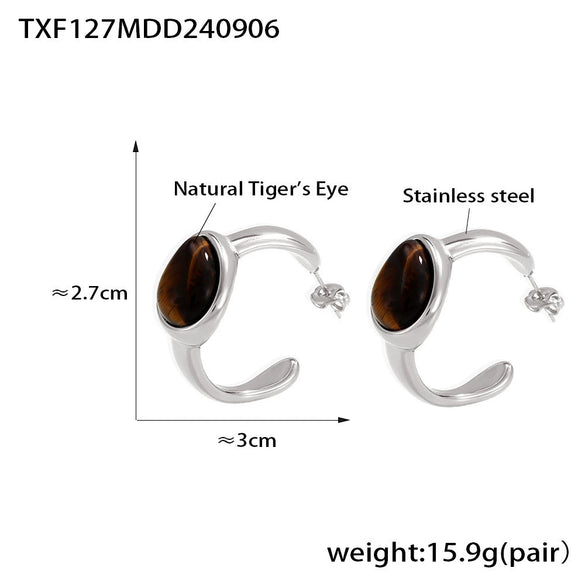 Wholesale Retro Cshaped Tiger Eye Stone 316L Stainless Steel Pvd Electroplated Earrings