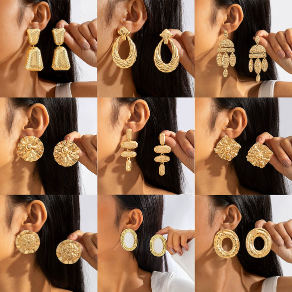 Wholesale Retro Drop Shaped Pleated Geometric Oval Triangle Earrings For Women Made Of Iron With Electroplating