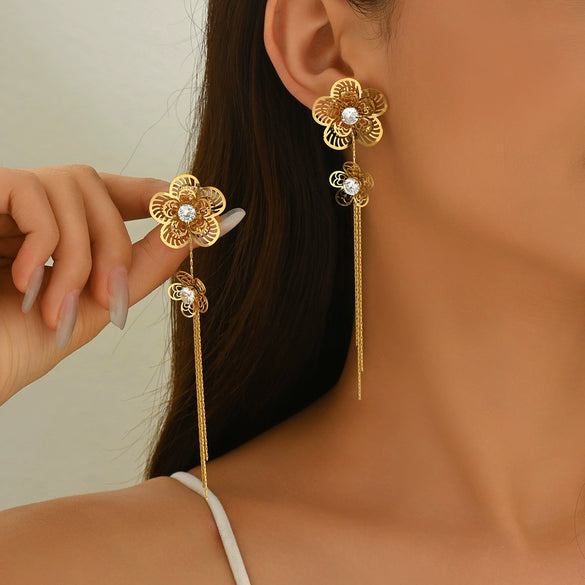Wholesale Retro Elegant Flower Tassel Stainless Steel Gold Plated Earrings With Hollow Design Inlaid Zircon For Women Featuring Animal And Zodiac Patterns