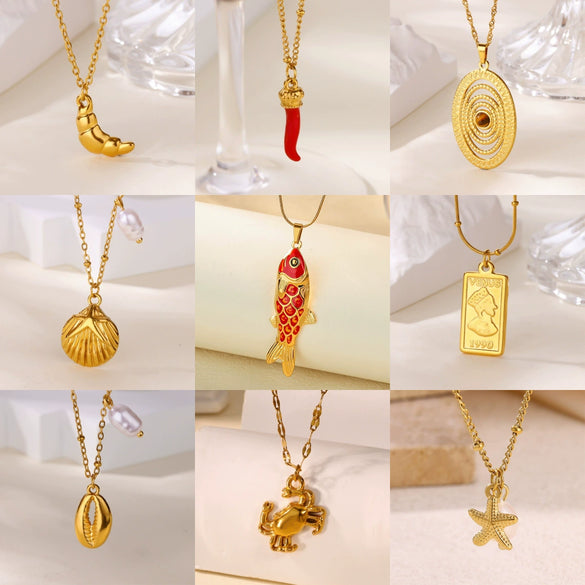 Wholesale Retro Elegant Ocean Style Pearl Shell Koi Conch Pendant Necklace For Women With Gold Plated Titanium Steel And O Word Chain Featuring Animal Zodiac Patterns