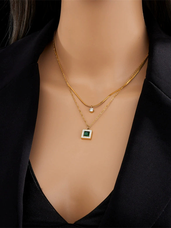 Wholesale Retro Elegant Square Pendant Double Layer Chain Necklace For Women Titanium Steel Geometric Pattern Electroplated