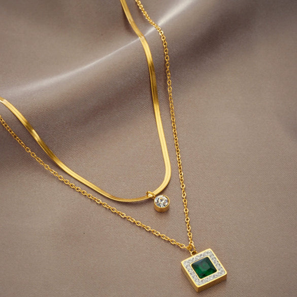 Wholesale Retro Elegant Square Pendant Double Layer Chain Necklace For Women Titanium Steel Geometric Pattern Electroplated