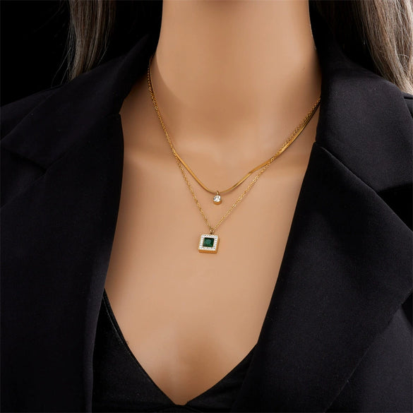 Wholesale Retro Elegant Square Pendant Double Layer Chain Necklace For Women Titanium Steel Geometric Pattern Electroplated