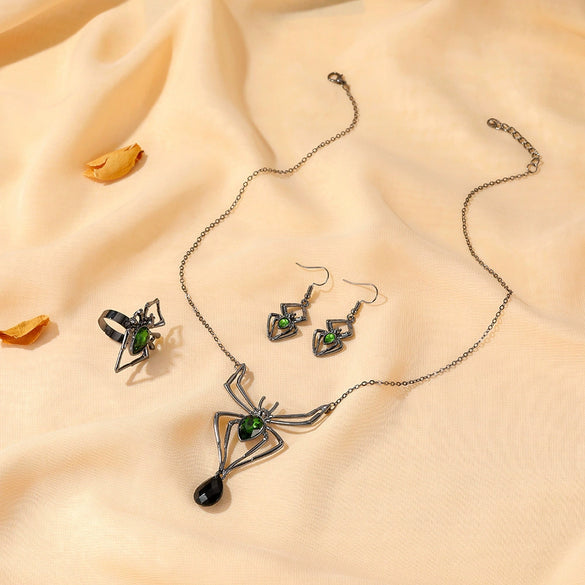 Wholesale Retro Emerald Suit Accessories 3 Piece Set With Spider Pattern Alloy Material Electroplated Necklace Earrings Ring For Women