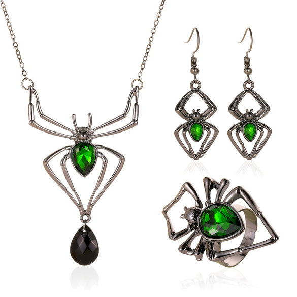 Wholesale Retro Emerald Suit Accessories 3 Piece Set With Spider Pattern Alloy Material Electroplated Necklace Earrings Ring For Women